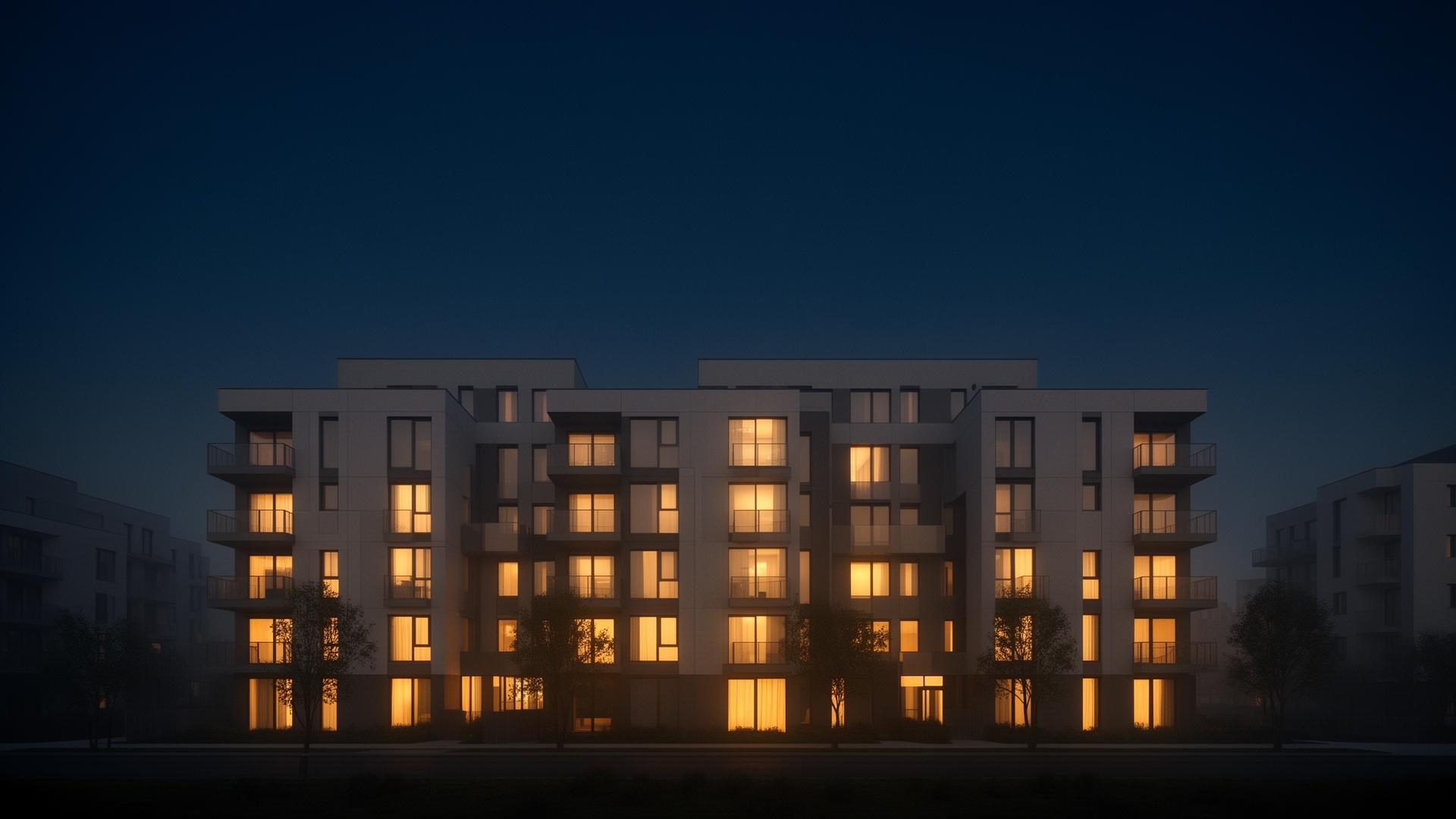 Modern multifamily apartment building at dusk